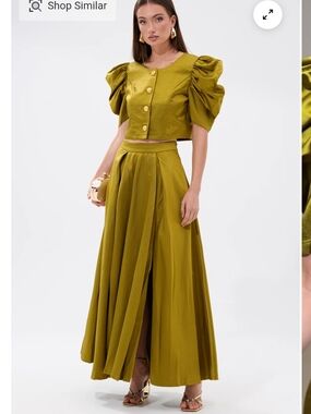 AKIRA Olive Green Puff-Sleeve Maxi Skirt Set